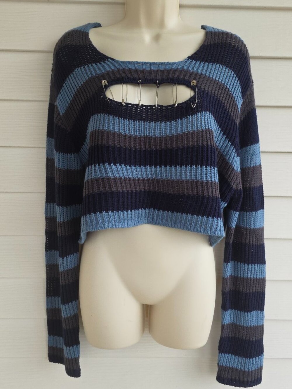 NWT Social Collusion blue stripe safety pin cut cropped sweater